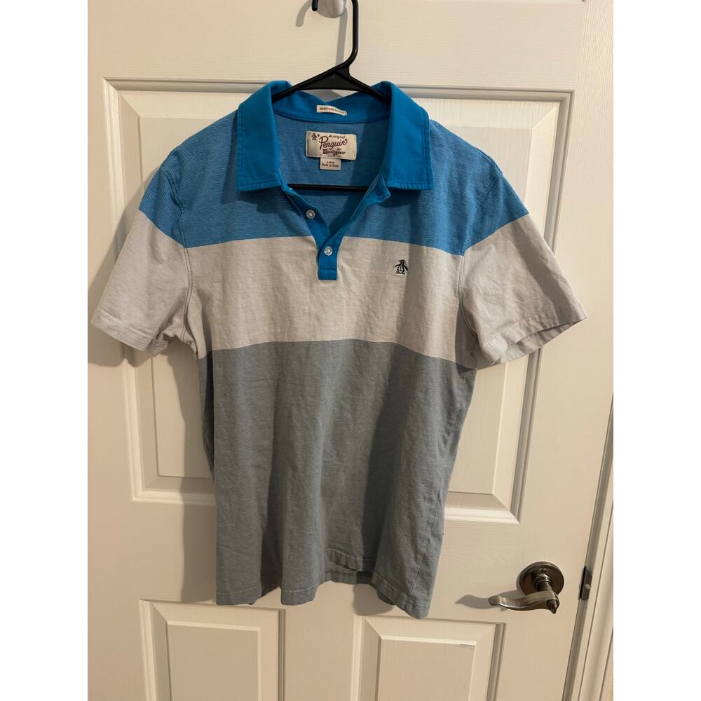 Original Penguin by Munsiingwear Heritage Slim Fit Chest Stripe Golf Polo Blue L - Picture 1 of 5